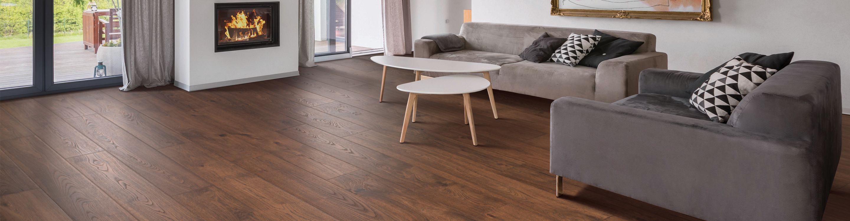 Dark laminate floor in modern living room.